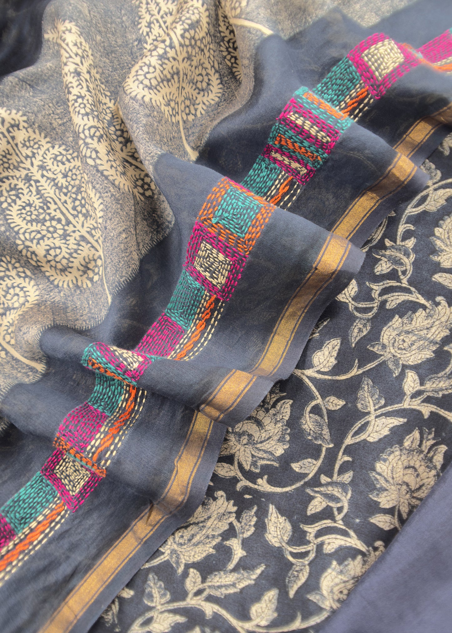 Blue Block Print Handloom Maheshwari Silk Unstitched Dupatta-Suit With Kantha Embroidery