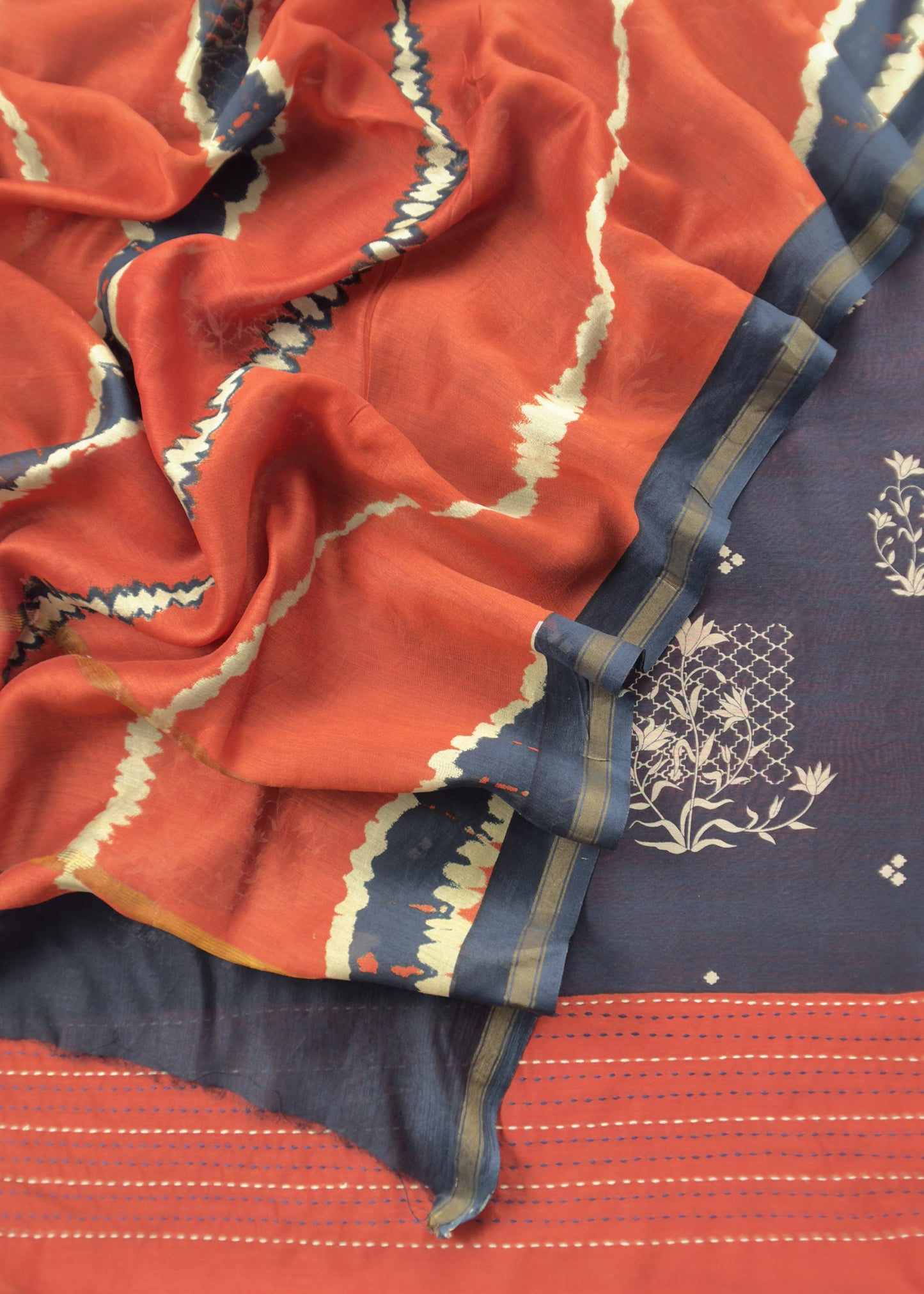 Blue With Orange Handloom Patola Unstitched Suit In Maheshwari Silk