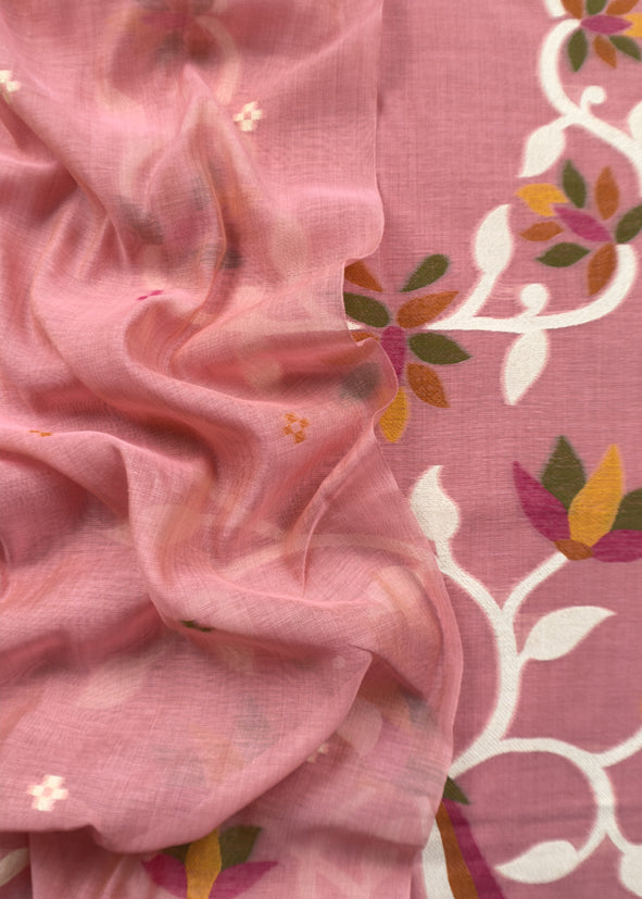 Flamingo Pink Chidiya Jamdani Suit In Linen Chanderi Fabric