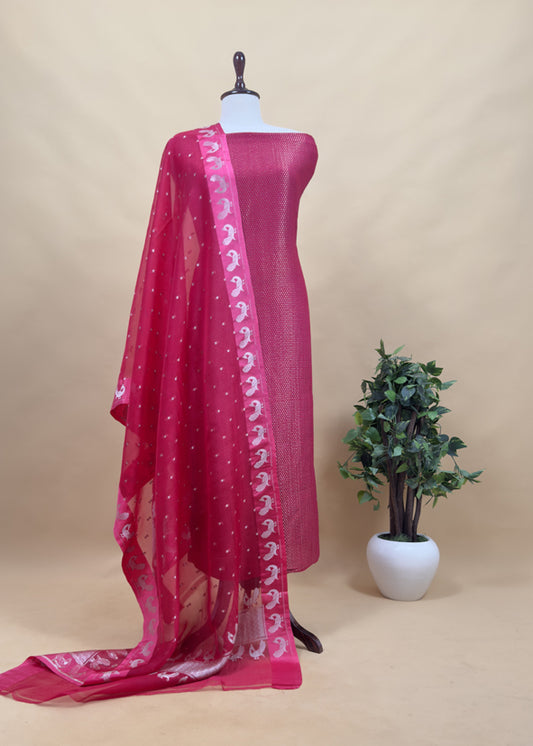 Raspberry Red Handloom Brocade Woven Kurta and Peacock Handloom organza dupatta