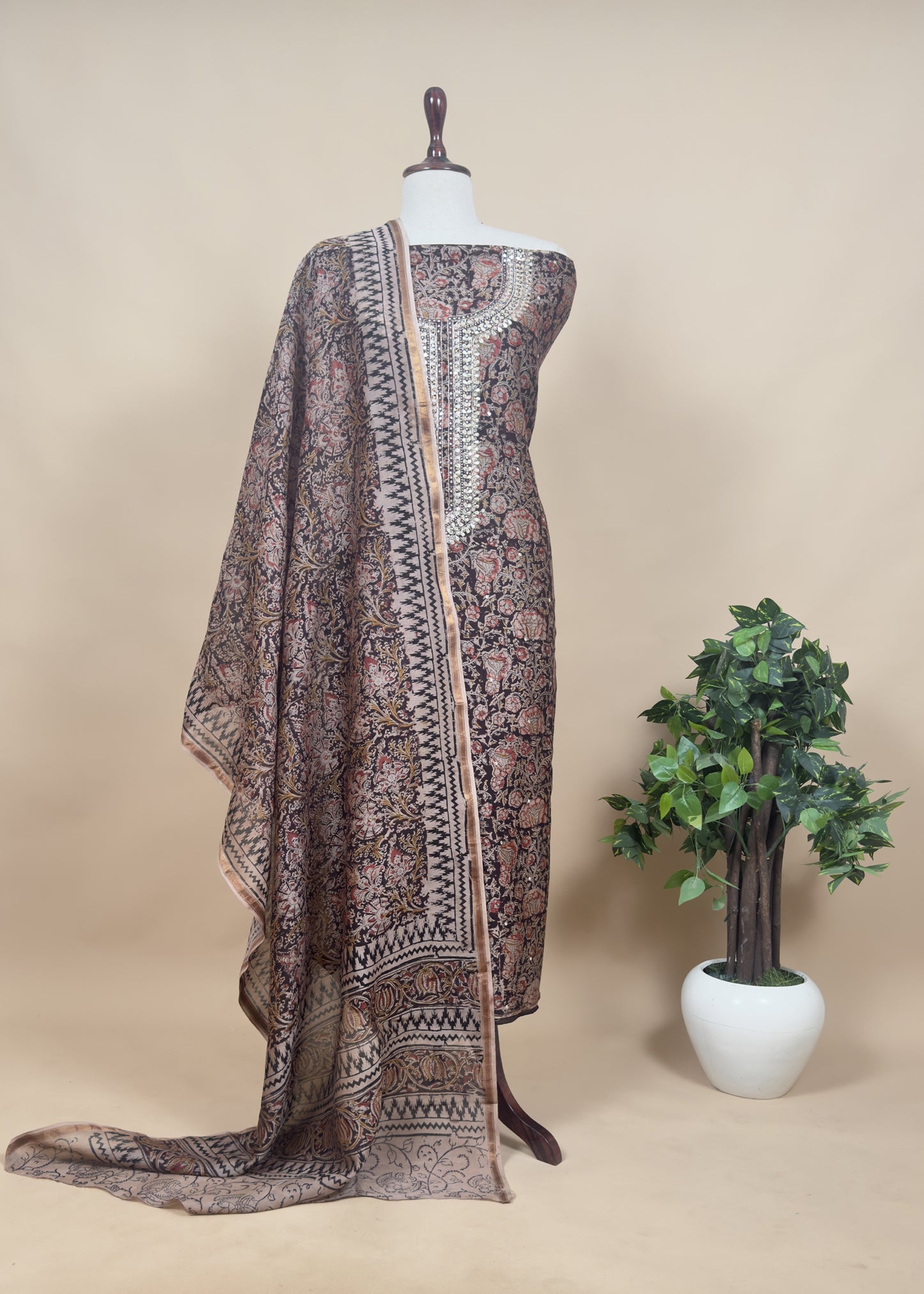 Sanganeri Block Printed Natural Dyed Ajrakh Suit In Chanderi