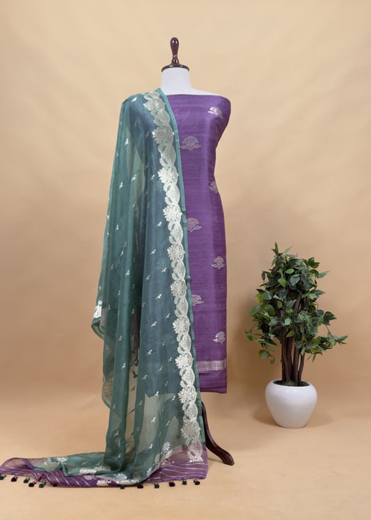 Violet and Emerald Green Desi Tussar Kurta and Organza Silk Dupatta With Banarasi Weaves