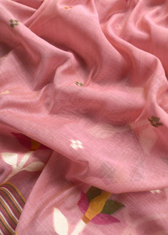 Flamingo Pink Chidiya Jamdani Suit In Linen Chanderi Fabric