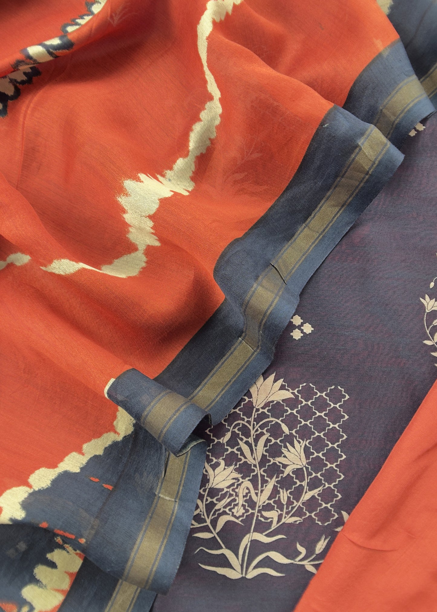 Blue With Orange Handloom Patola Unstitched Suit In Maheshwari Silk