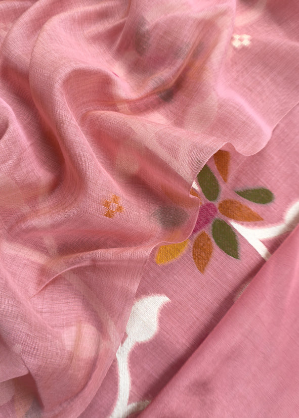 Flamingo Pink Chidiya Jamdani Suit In Linen Chanderi Fabric