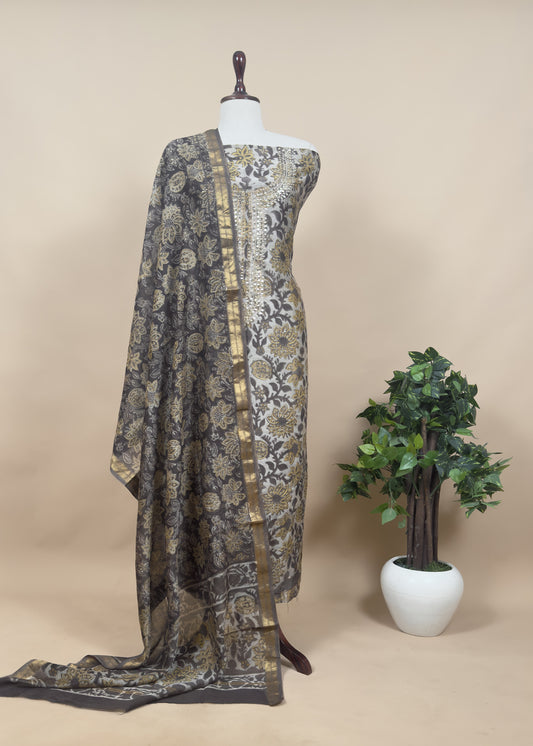 Sanganeri Block Printed Natural Dyed Ajrakh Suit In Chanderi