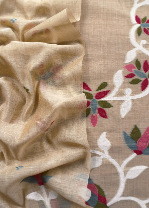 Khaki Beige Chidiya Jamdani Suit in Linen Chanderi Fabric