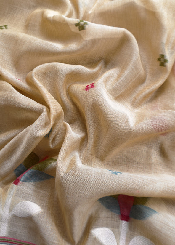 Khaki Beige Chidiya Jamdani Suit in Linen Chanderi Fabric