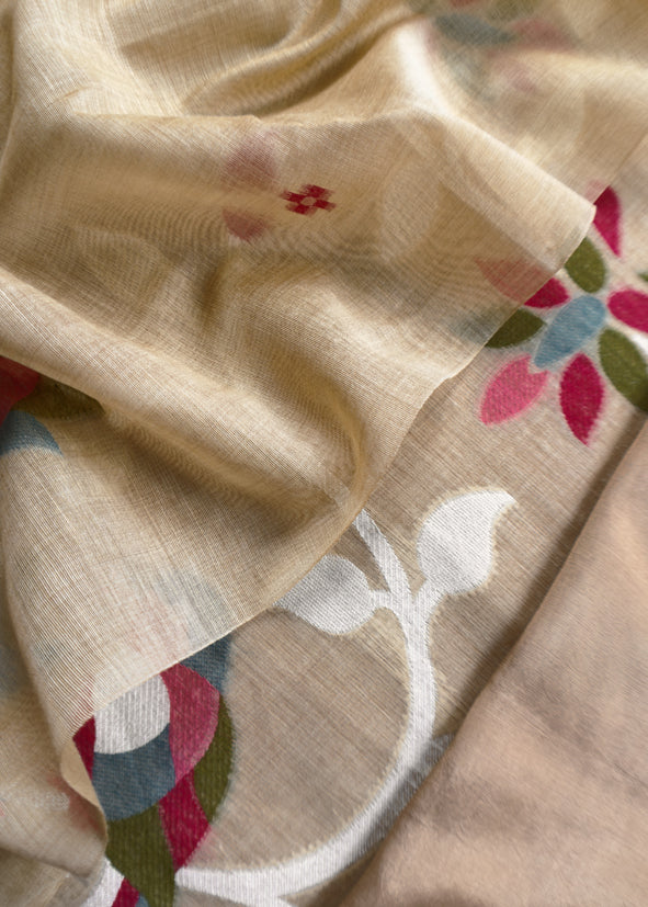 Khaki Beige Chidiya Jamdani Suit in Linen Chanderi Fabric