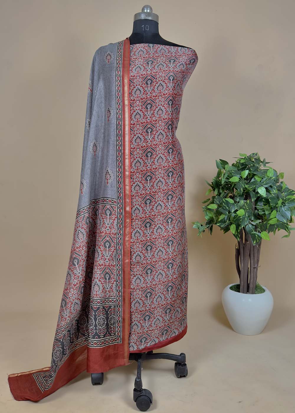 Red Handwoven Ajrakh Maheshwari silk