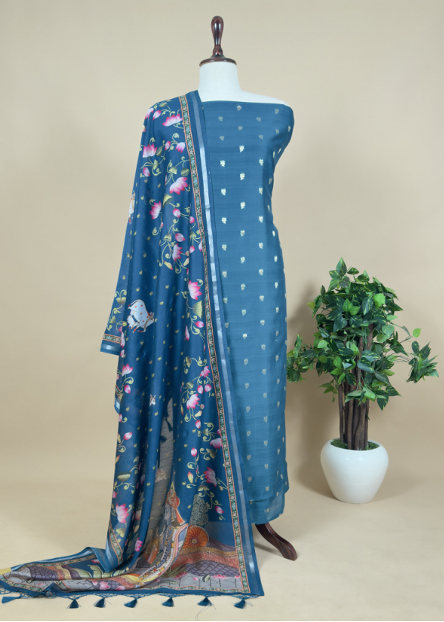Pure Unstitched Handloom Banarasi Chanderi Suit Brush print Dupatta