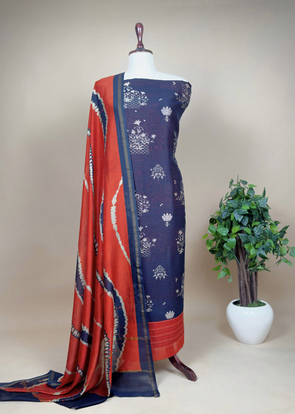 Blue With Orange Handloom Patola Unstitched Suit In Maheshwari Silk