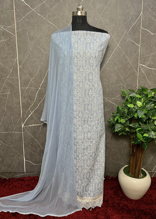 Embroidered Kota Doria Suit And Chiffon Suit In Pastel Shade