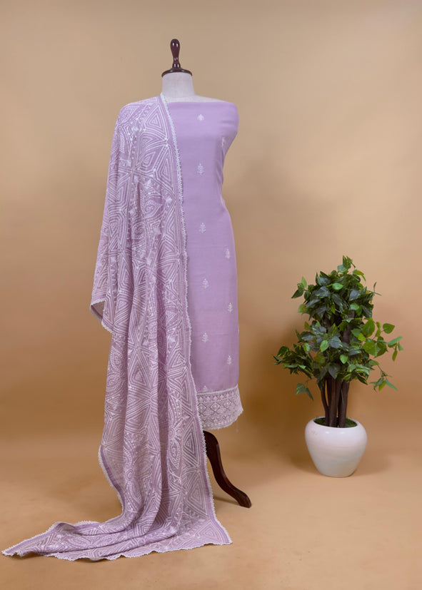 Lavender Linen Suit With Chikankari Embroidered Dupatta