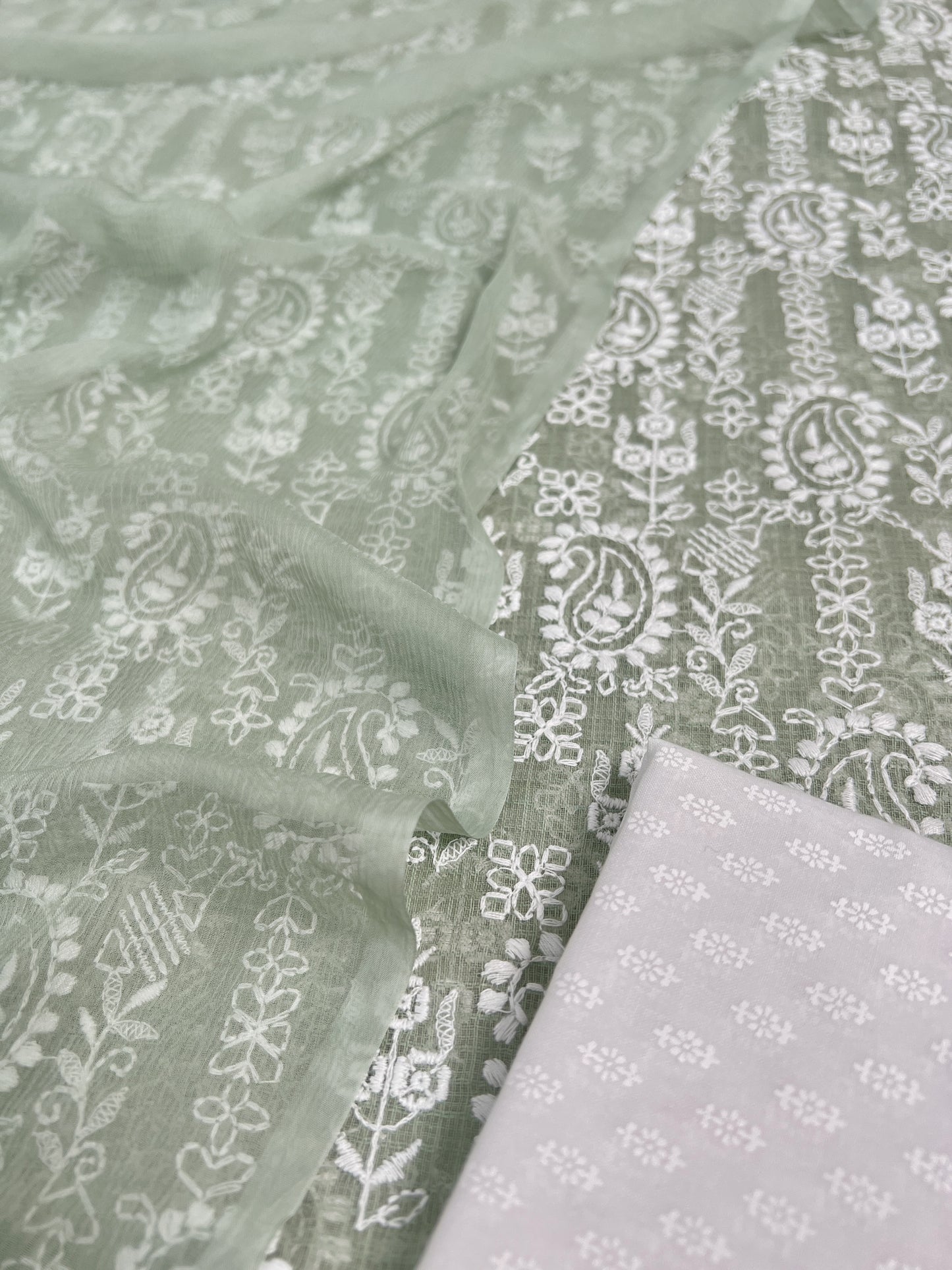 Embroidered Kota Doria Suit And Chiffon Suit In Pastel Shade