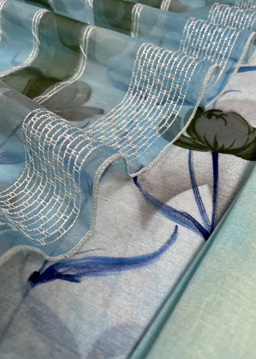 Blue Hand painted Maheshwari Suit With Designer Organza Dupatta