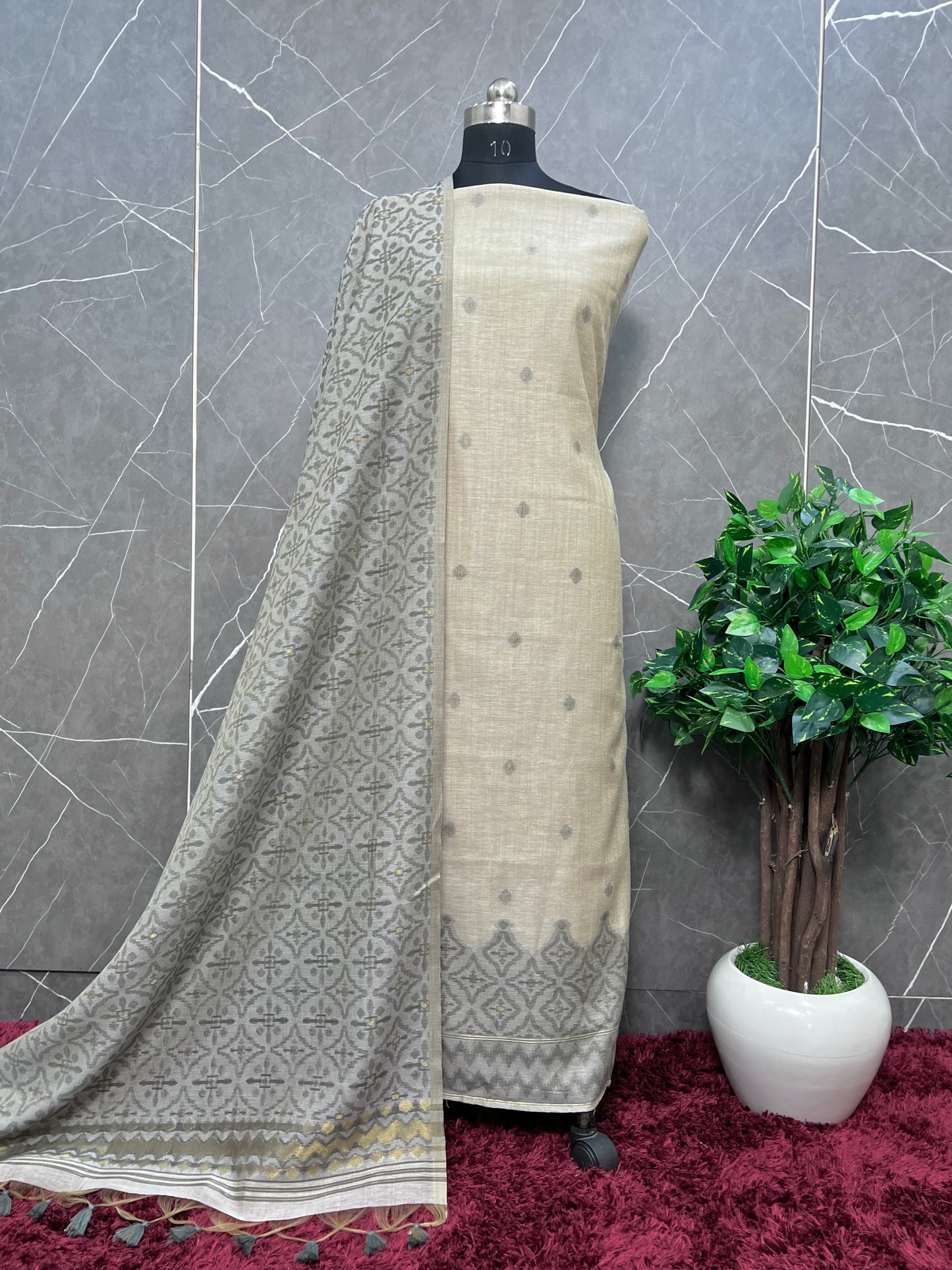 Yellow Handwoven Maheshwari Suit with Jamdani Weaving