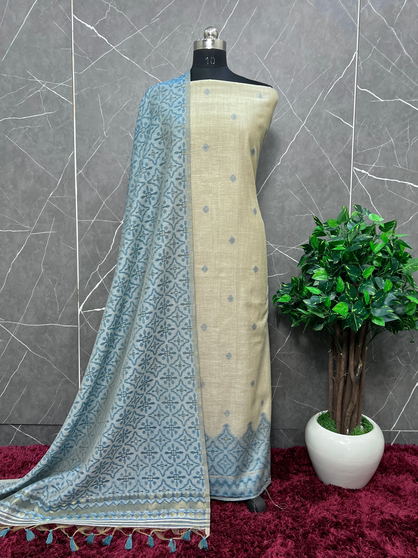 Yellow Handwoven Maheshwari Suit with Jamdani Weaving