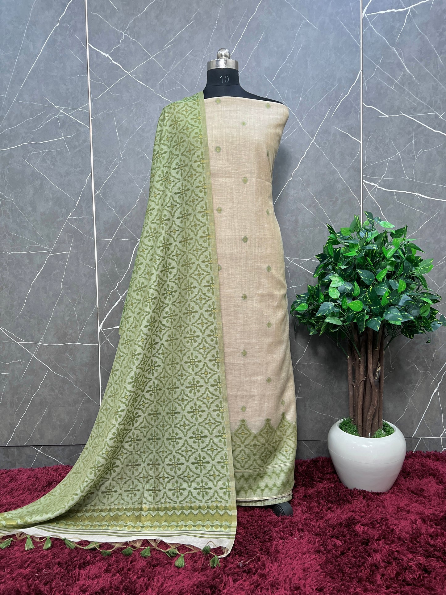 Yellow Handwoven Maheshwari Suit with Jamdani Weaving