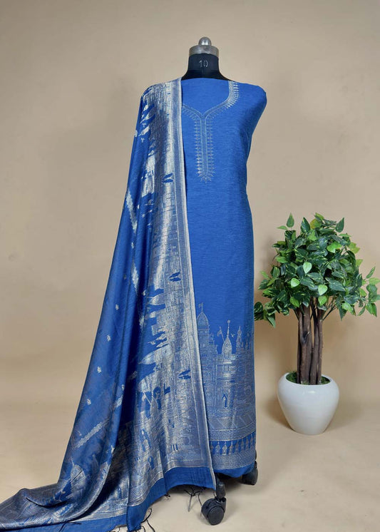 Blue Premium Cotton Silk Suit With Kani Zari Weaving