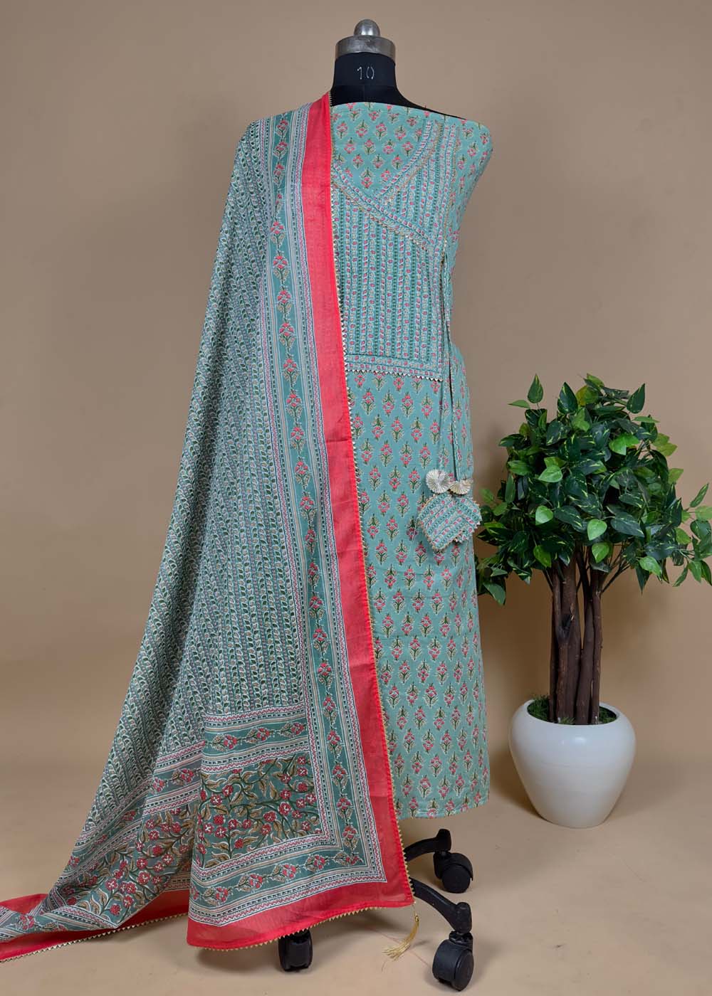 Blue Hand Block Pure Cotton Unstitched Suit In Anrakha Style