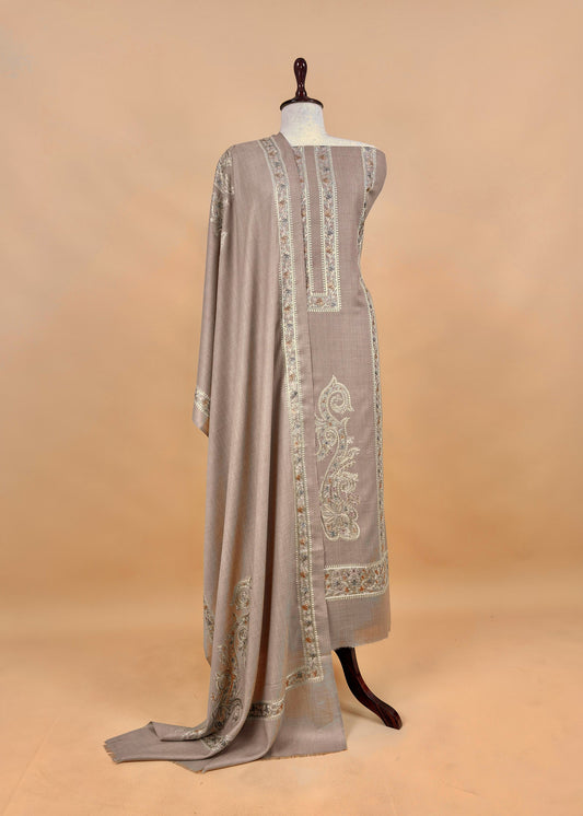 Beige Pure Merino Wool With Beautiful Aari Embroidery