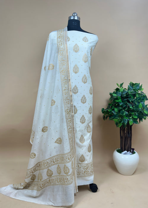 Unstitched White Maheshwari Sui