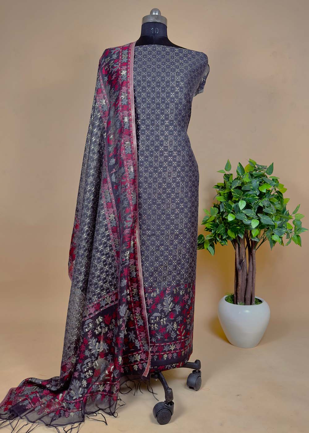 Black Pure Cotton Silk Suit With Zari Weaving