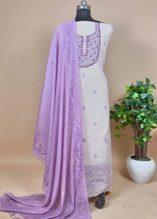 purple Linen Unstitched Suit With Jamdani Weaves