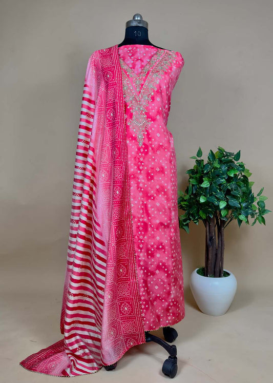 Pink Muslin With Embroidered Neck And Contrast Dupatta