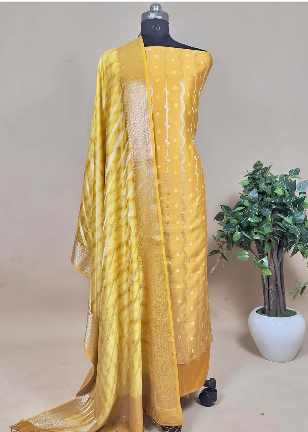 Yellow Chanderi Suit With Zari Weaving Work