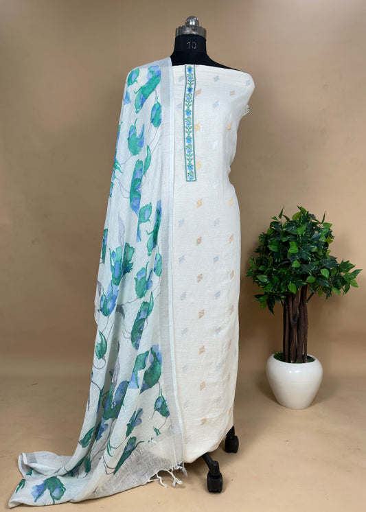 Handwoven Linen Suit with Hand-Painted Dupatta