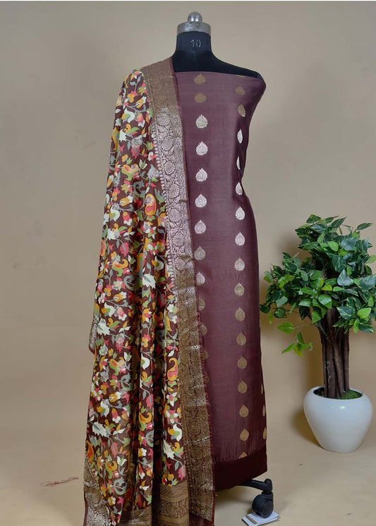 Broun Printed Fine Chanderisilk Suit with chiffon Dupatta