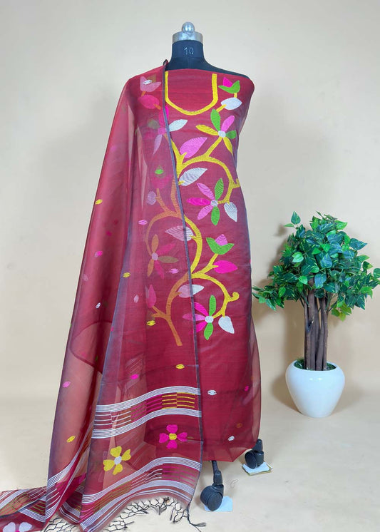 Mehroon Organza Suit With Tangail Weaving