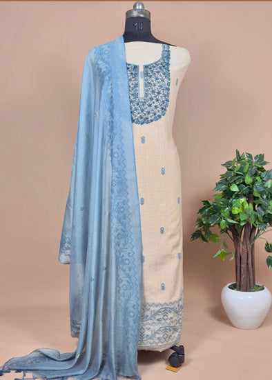 Pink Linen Unstitched Suit With Jamdani Weaves