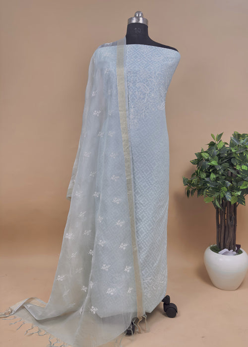 Blue Chikankari Banaras Suit With Organza Dupatta