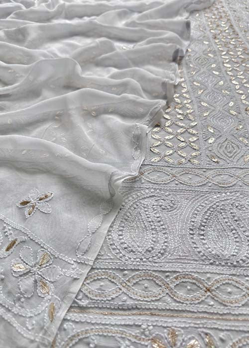 Grey And Blue Georgette Handmade Lakhnavi Suit