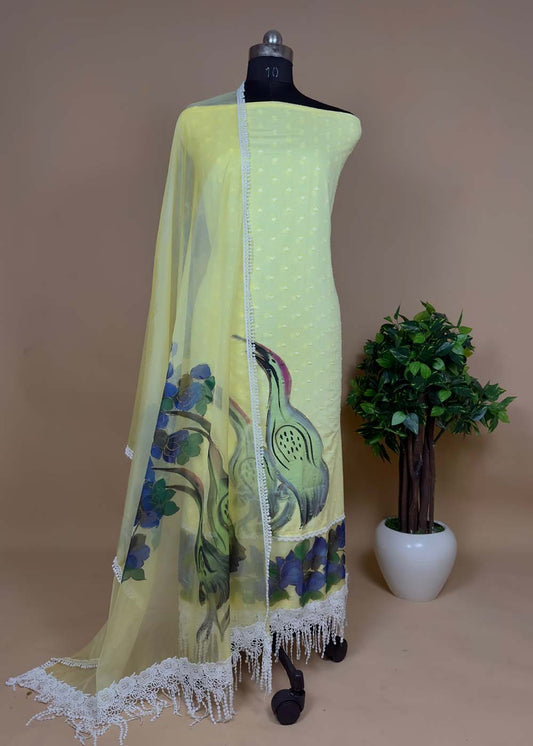 Yellow Pakistani Unstitched Suit in Mulmul Cotton With Organza Dupatta