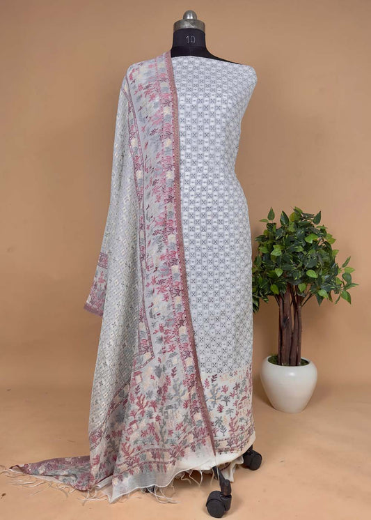 White Pure Cotton Silk Suit With Zari Weaving
