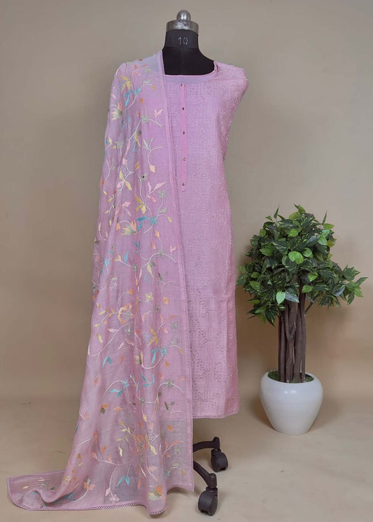 Pink Unstitched Maheshwari Embroidered Suit With Criss Cross Stitching