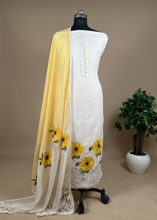 Off-White Cotton Suit With Sunflower Embroidery