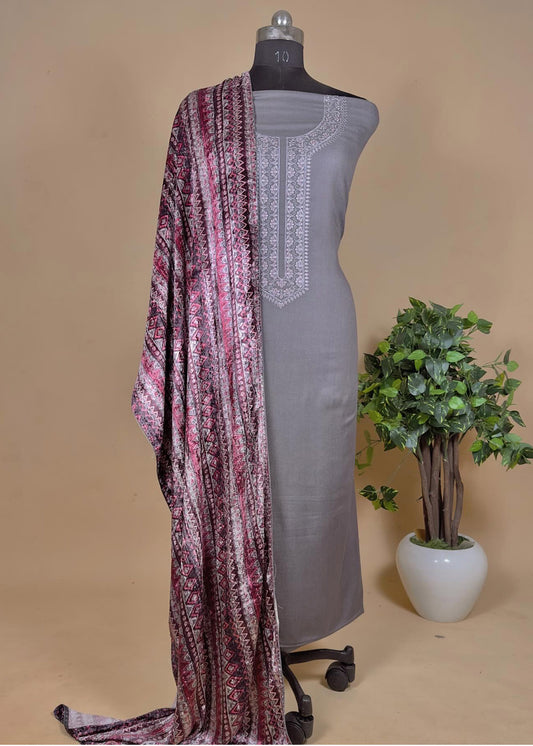 Grey Pashmina Silk Suit With Dupatta