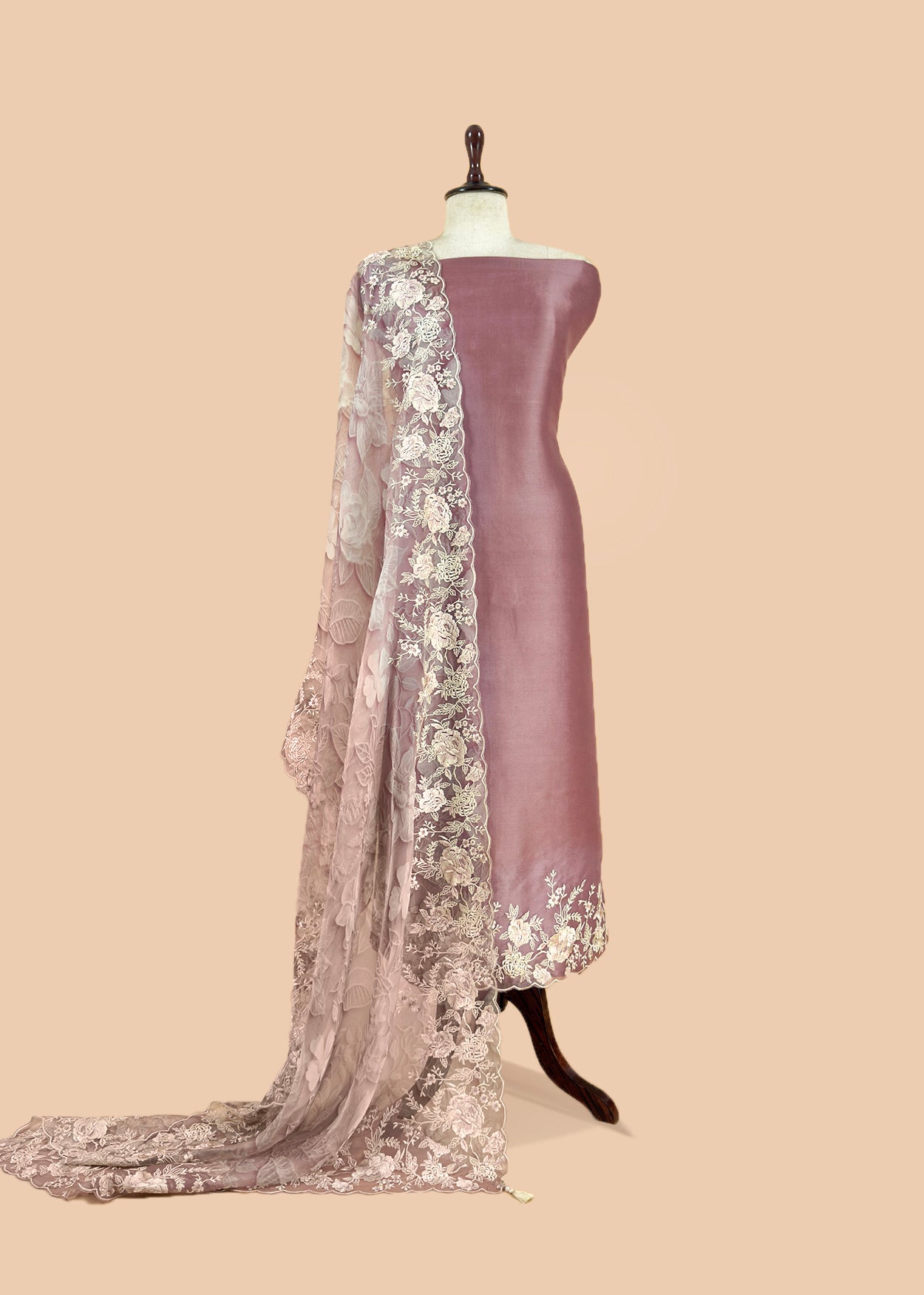 Pink Handloom Kora Silk Suit With Parsi Embroidery