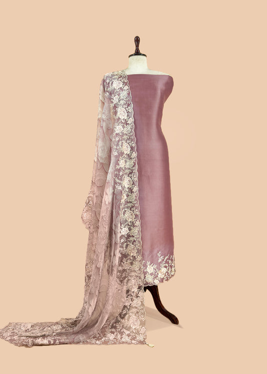 Pink Handloom Kora Silk Suit With Parsi Embroidery