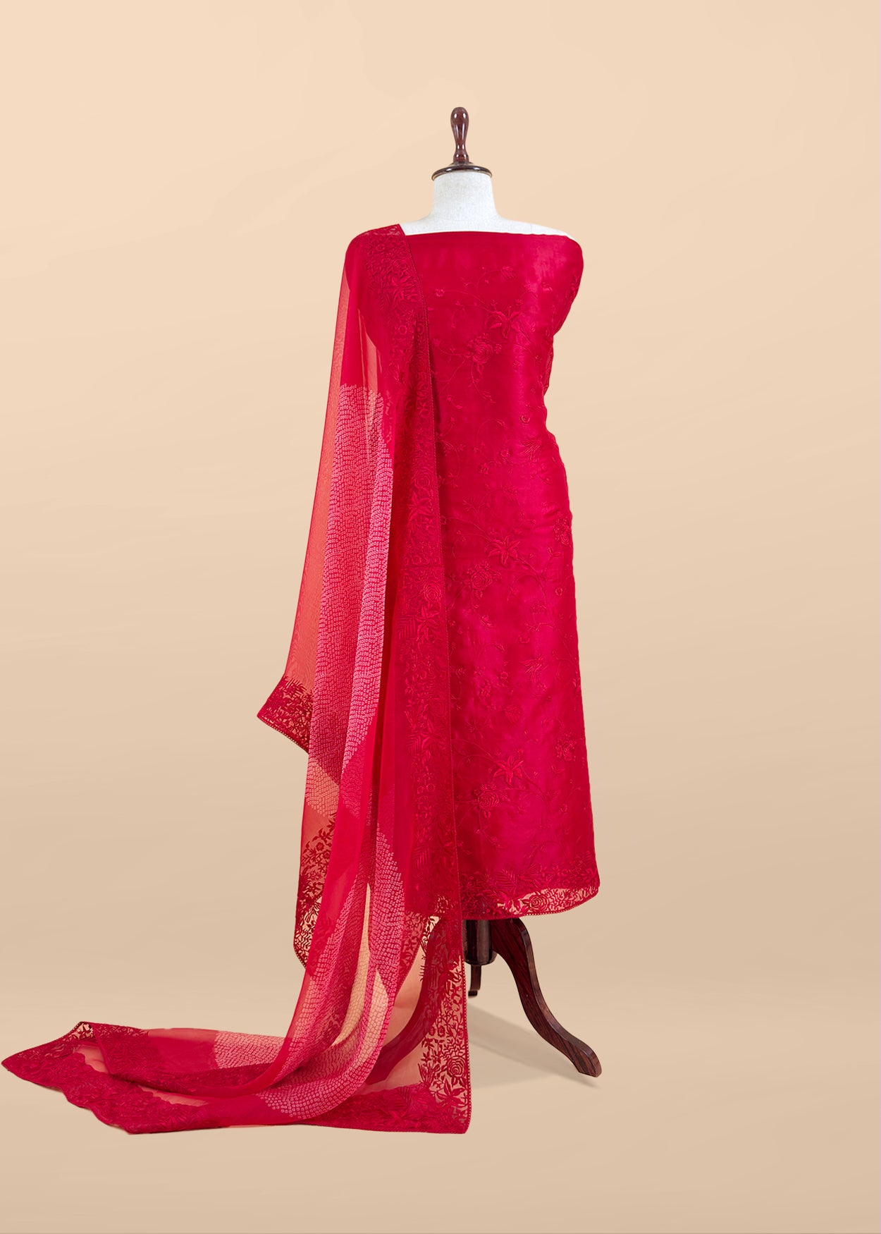 Red Embroidered Organza Silk Unstitched Suit With Bandhani Dupatta
