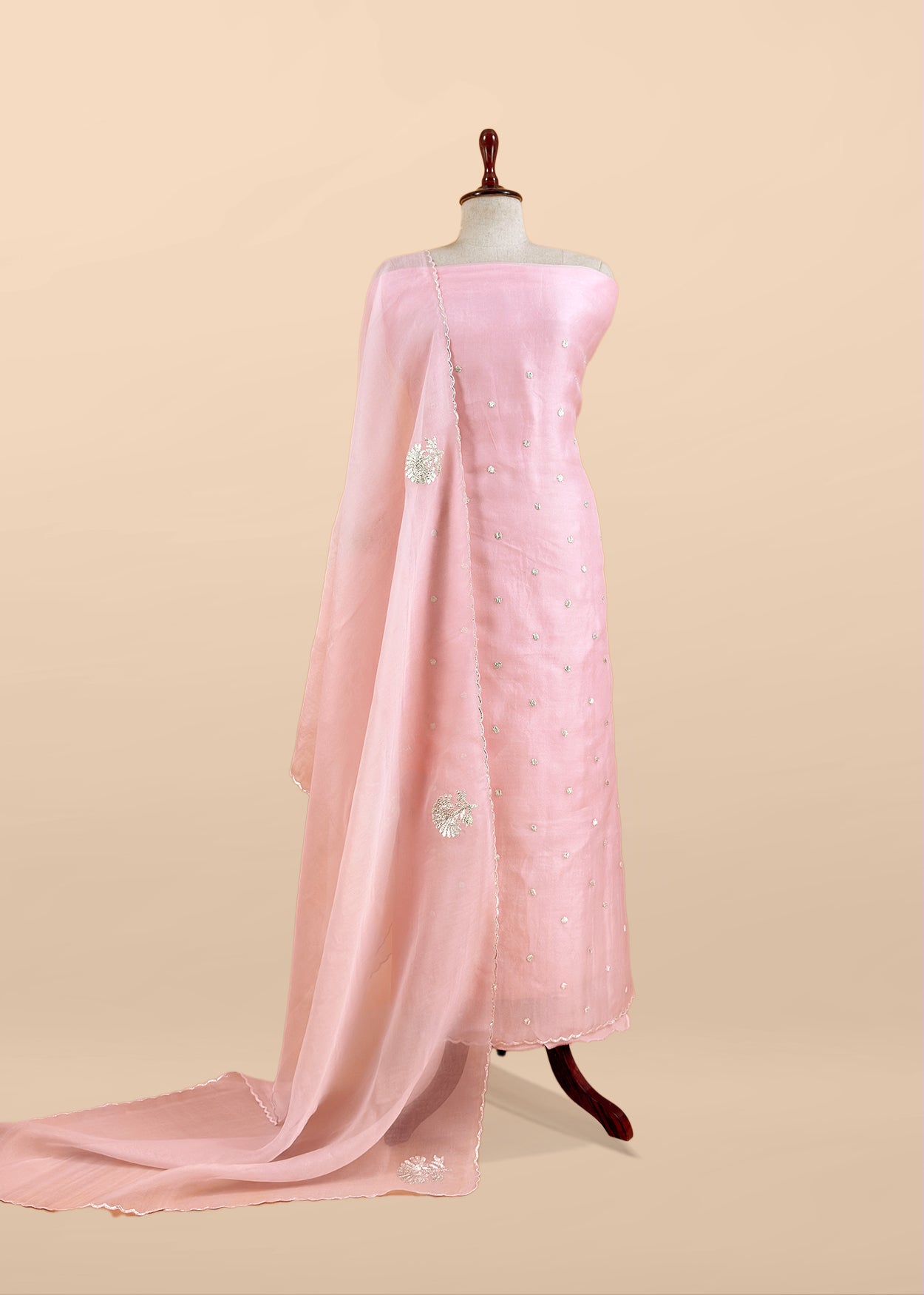 Pink Handloom Organza Silk Unstitched Suit With Gota Handwork