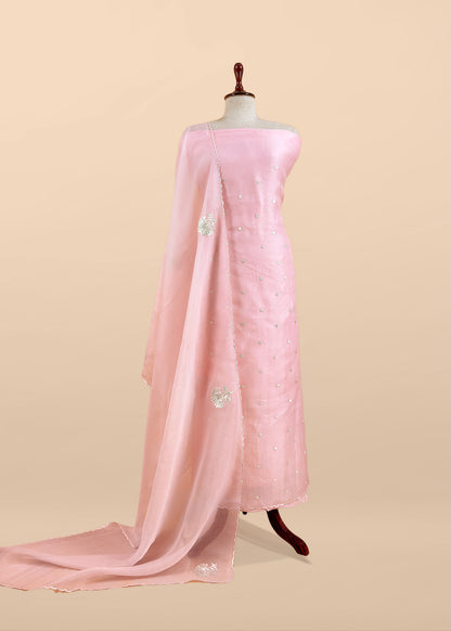 Pink Handloom Organza Silk Unstitched Suit With Gota Handwork