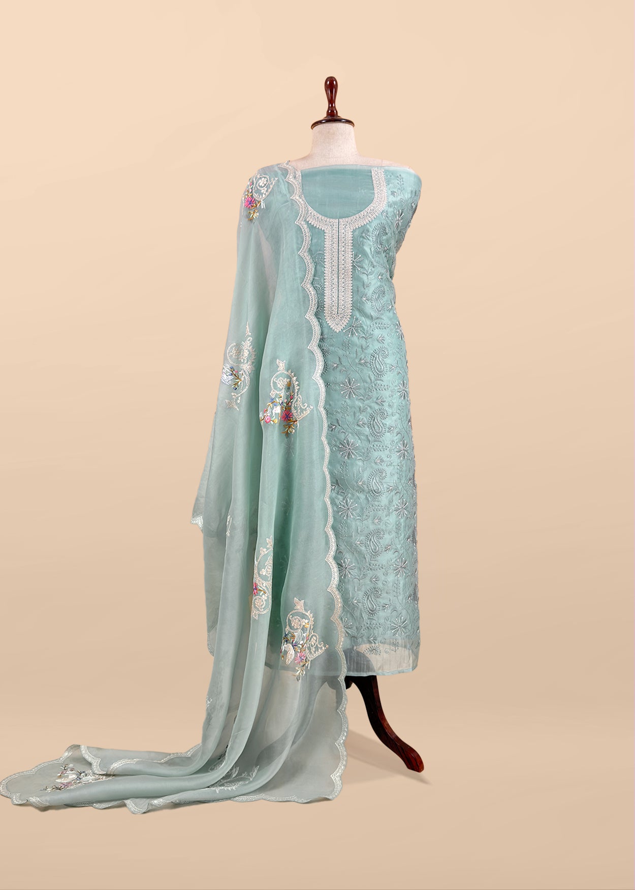 Blue Parsi Thread Embroidery Pure Organza Unstitched Suit With Dupatta