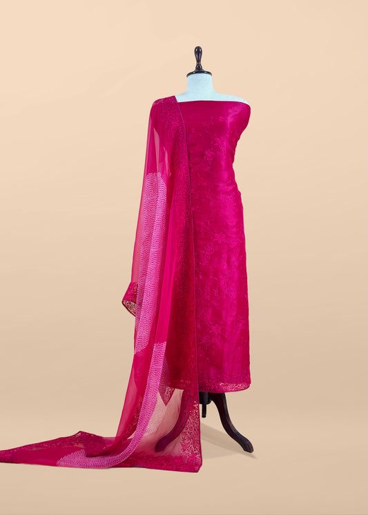 Pink Embroidered Organza Silk Unstitched Suit With Bandhani Dupatta