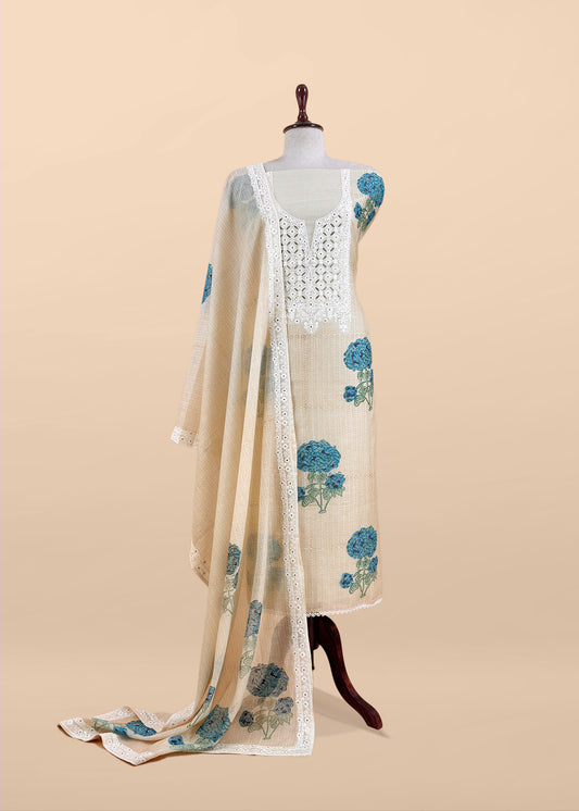 Beige Lakhanvi-Style Pure Mulmul Suit With Floral Digital Print